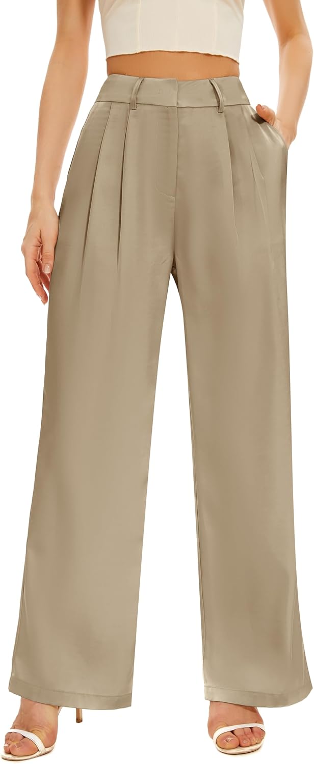 FUNYYZO Women Stain Wide Leg Pants High Elastic Waisted Casual Business Work Trousers Long Straight Suit Pants - Image 4