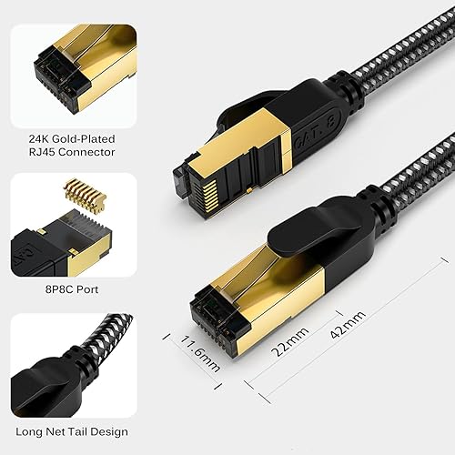 Miniatura 6 de Cable Ethernet Cat 8, cable de red trenzado de alta velocidad Cat8 de 35 pies, 40 Gbps 2000 Mhz, cables LAN blindados RJ45 para interiores, para