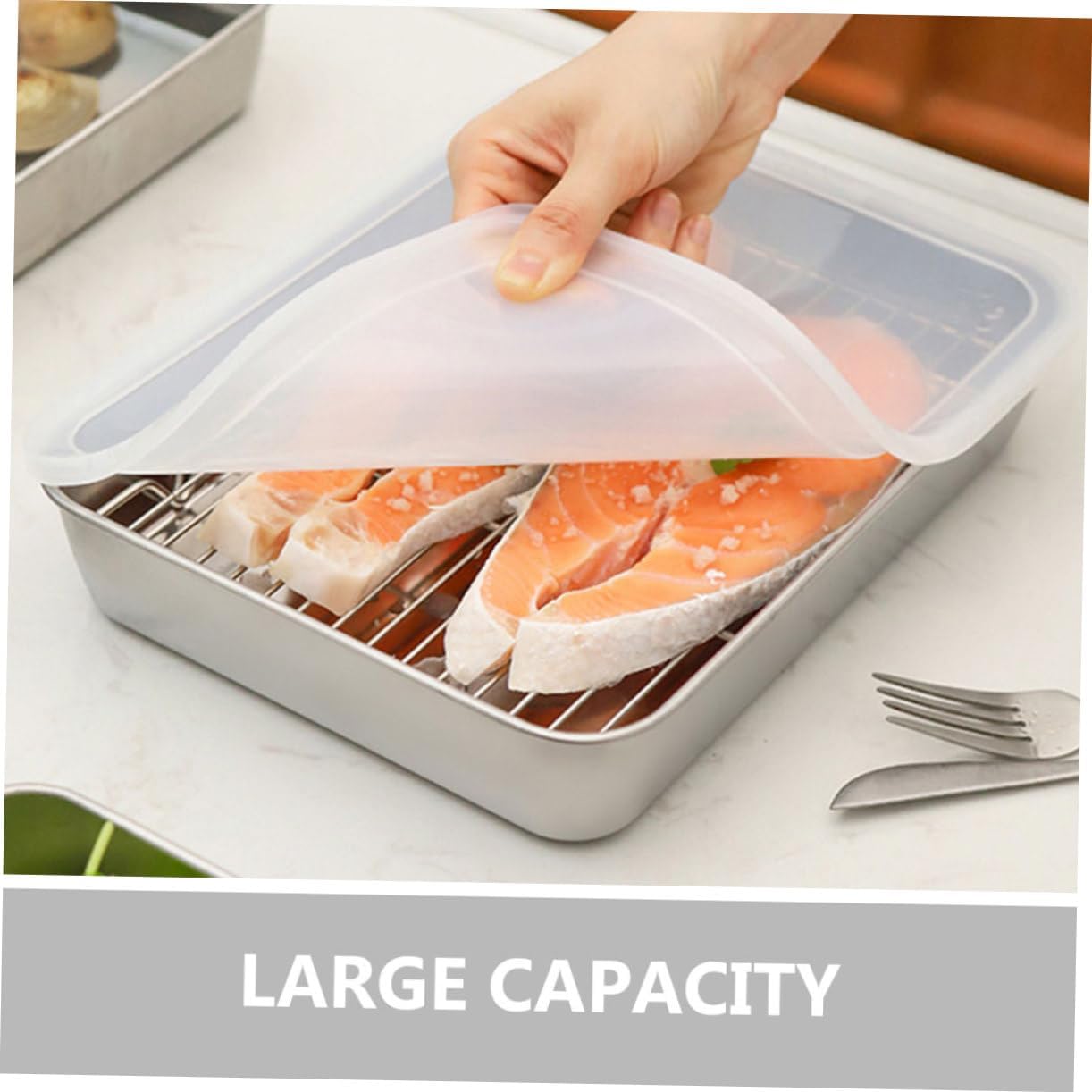 1 Set Multi Function Stainless Steel Food Pan with Mesh Rack Lid Versatile Kitchen Prep Tray for Storage and Cooking Easy to Clean and Protects Freshness