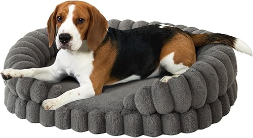 BALANCE Cama Calmante para Perros Medianos, Cama Lavable para Mascotas de 30 Pulgadas Ovalada con Lados, Sofá Ortopédico para Mascotas con Fondo Gris