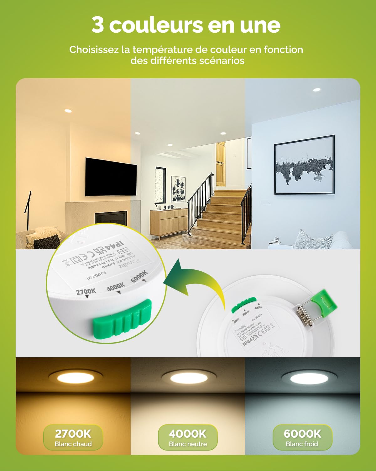 Lot de 20 Spot LED Encastrable 68mm 5W 220V Blanc Chaud 2700K Blanc Neutre 4000K Blanc Froid 6000K Réglable IP44 Salle de Bain