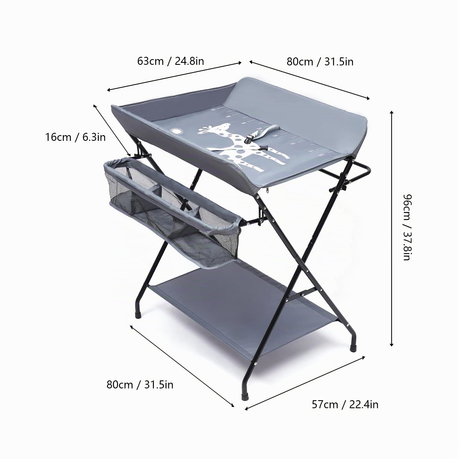 Fasciatoio pieghevole per bambini, fasciatoio, fasciatoio, fasciatoio portatile, con scomparti, cintura di sicurezza, colore grigio, fino a 25 kg