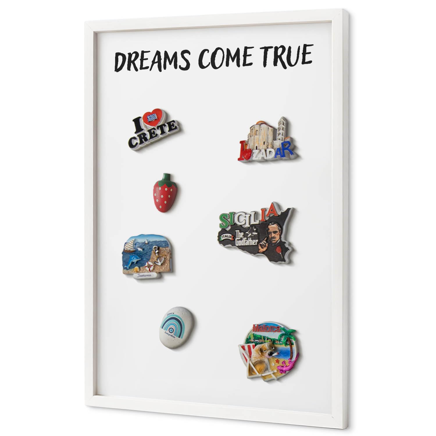 Pizarra Magnética de Pared 40x60 cm | con Marco Blanco | Dreams Come True | Montaje Fácil | Tablero Imantado | Para Imanes Turísticos, Recuerdos de Viaje y Fotos | Decoración para Salón o Pasillo