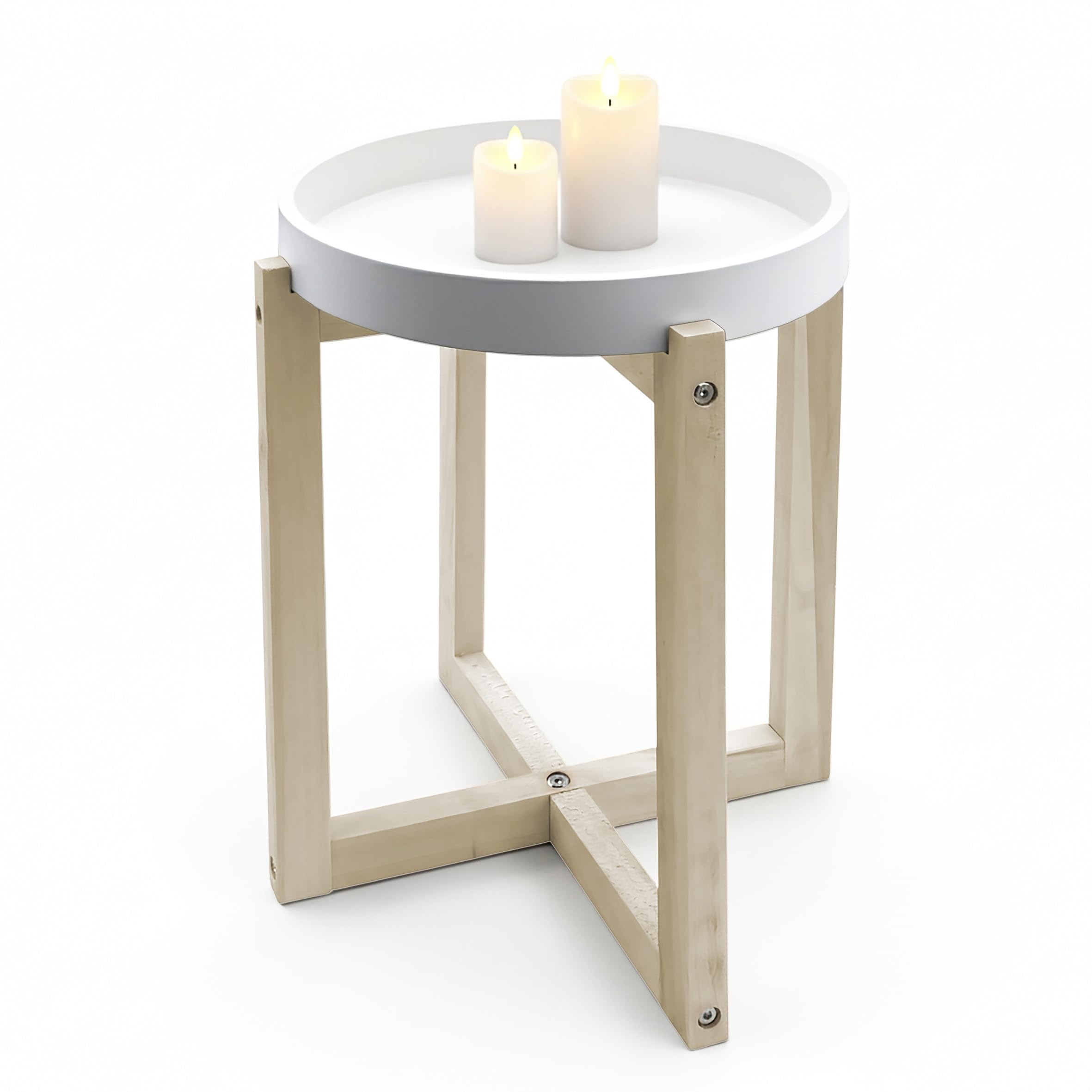 Spetebo Tavolino rotondo in legno con piano del tavolo, design 30 cm, bianco – tavolo decorativo con struttura a X naturale – tavolino da salotto, tavolino decorativo per piante