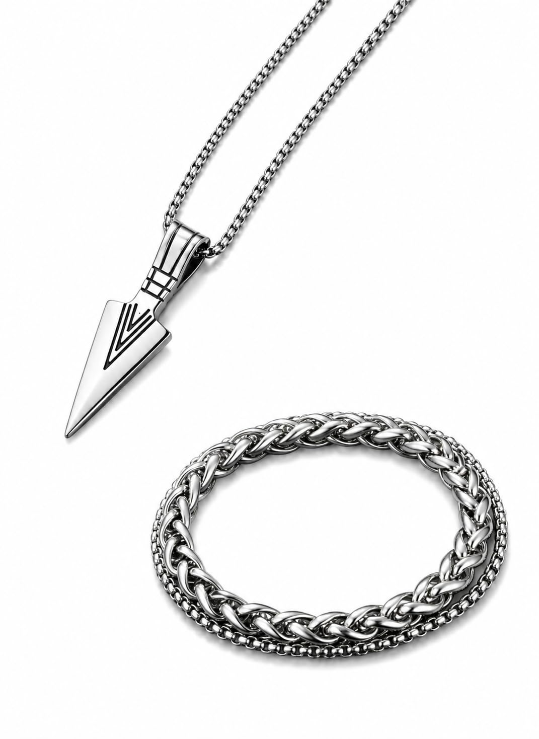 Men's Stainless Steel Arrowhead Pendant Necklace and Bracelet Set-image-5