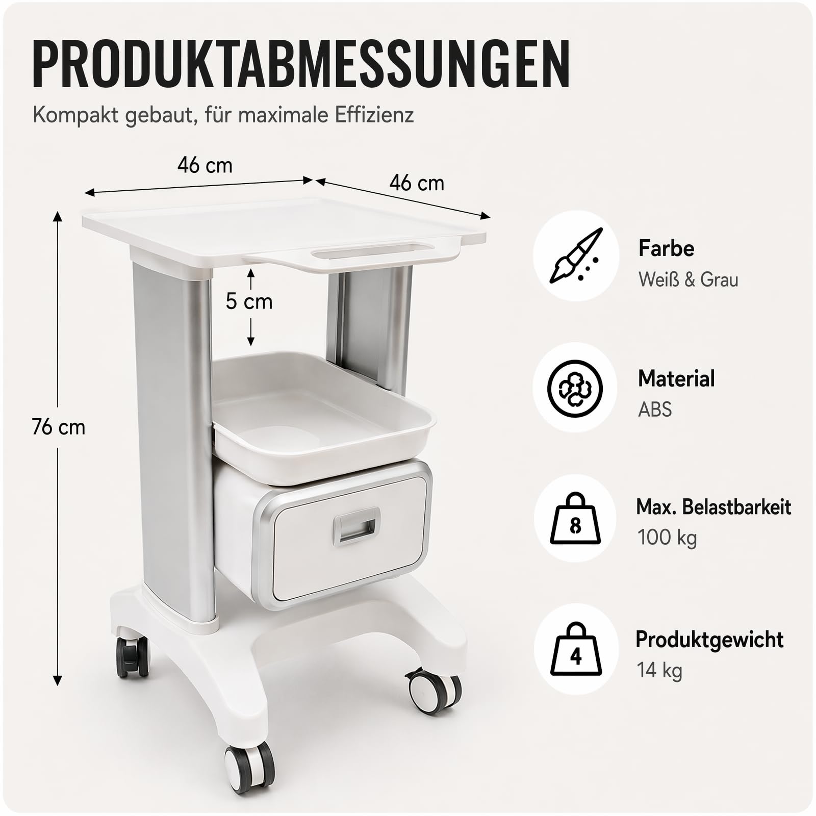 Carro médico con 1 cajón, 100 kg, carro de laboratorio, carrito de medicina, carrito de peluquería enrollable, carrito de belleza, carrito de trabajo, peluquería, carrito de servicio para laboratorio