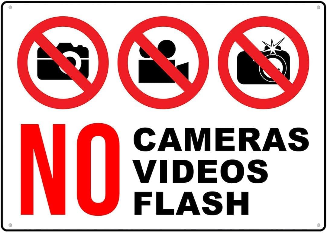 No Cameras & Video Flash Rust Free Aluminum Tin Sign - Warning Decor with Pre-Drilled Holes for Indoor-Outdoor Museum, Theater, Secure Facility - 8x12 Inch​