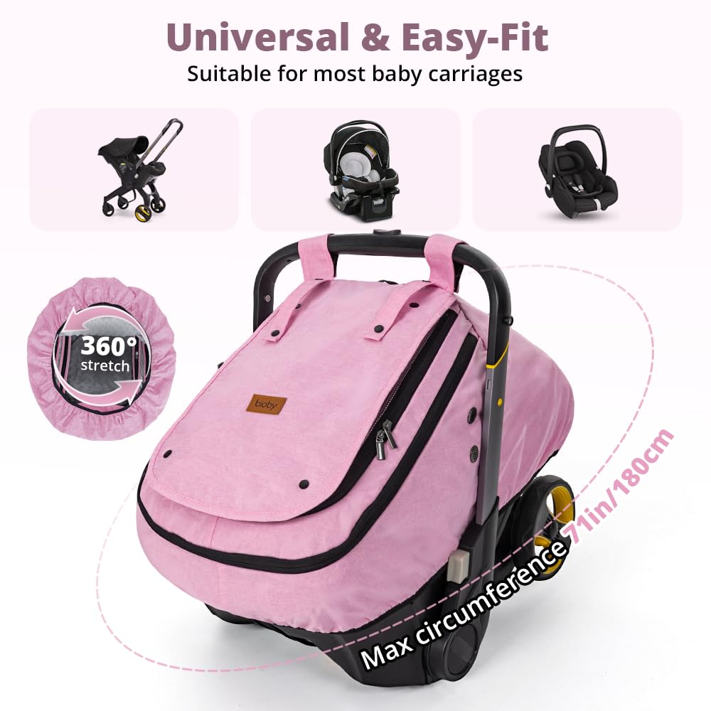 Bioby Waterproof Baby Car Seat Cover, Infant Car Seat Cover for Boy Girl, Roomy Cozy Windproof Sun Protection Baby Carseat Covers Canopy with Breathable Net and Holes, Universal Fitted, Pink - Image 5