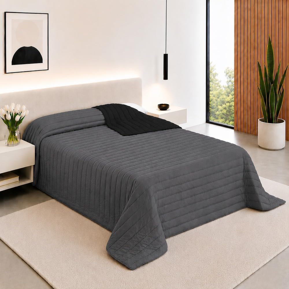 SABANALIA - Colcha Cama 90 Bicolor Multiuso Tutto para Primavera, Verano, Otoño (Disponible en Varias Medidas y Colores) Negro/Gris