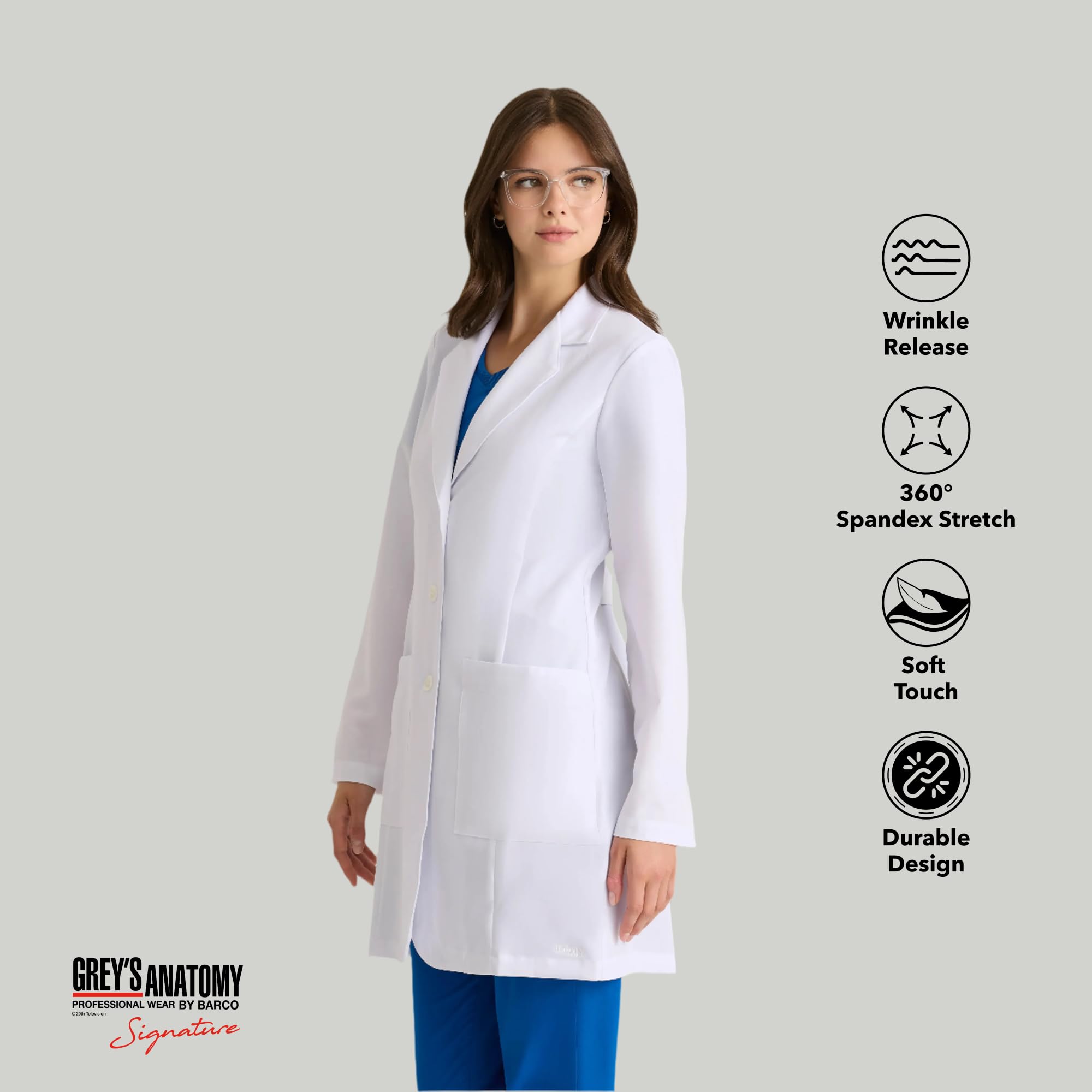 BARCO Grey's Anatomy Scrubs Signature - Morgan Lab płaszcz dla kobiet, profesjonalny płaszcz laboratoryjny z długim rękawem 89 cm