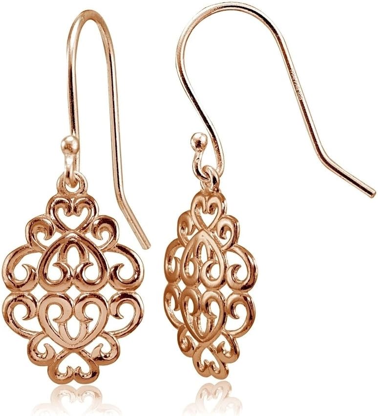 Hoops & Loops 925 Sterling Silver Filigree Dangle 21mm Drop Hook Earrings for Women, Silver, Yellow Gold & Rose Gold