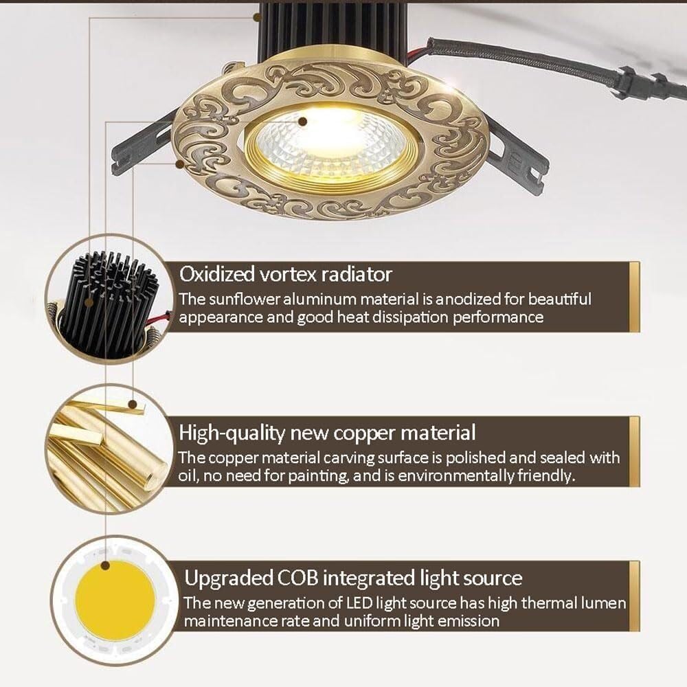Paquete de 2 focos LED empotrables para Techo, downlights empotrables de 7 W, focos antideslumbrantes, Bisel de latón, Regulables, Kit de Montaje del Bisel.,