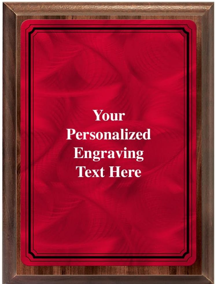 Crown Awards 7"x9" Red Metal Plate Plaque, Customized Wood Finish Plaque Award with Your Text Red Plate