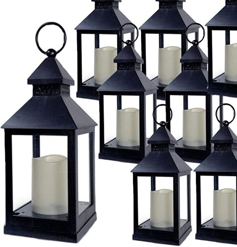 BANBERRY DESIGNS Faroles decorativos  Juego de 8  Temporizador de 4 horas  Control remoto  9 38 pulgadas de alto linternas negras con velas sin