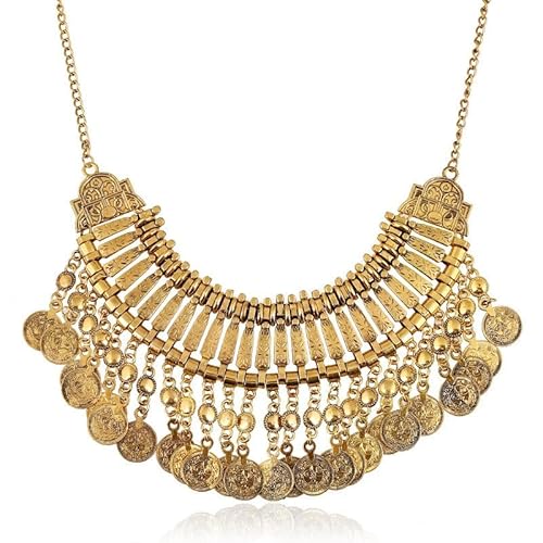 Vintage Engraved Coin Tassel Collar Statement Necklace for Women Men