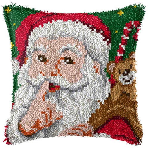 Image of Howie's Latch Hook Kit, DIY Santa Clau Pillow Crochet Yarn Kits for Adults, Color Preprinted Pattern Embroidery Sofa Cushion Cover (Christmas-Santa Claus 3, 16.93 x 16.93 inch)