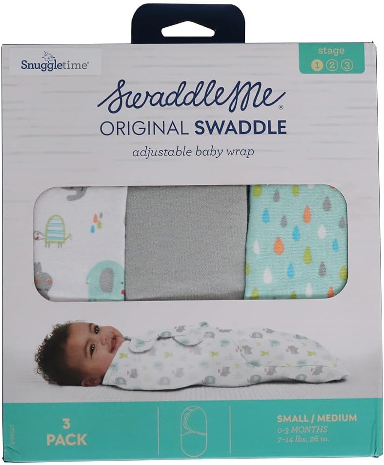 SwaddleMe by Ingenuity Original Swaddle, 100% Cotton, Improves Sleep & Calms Startle Reflex, 0-3 Months, 3-Pack - Jungle Drops