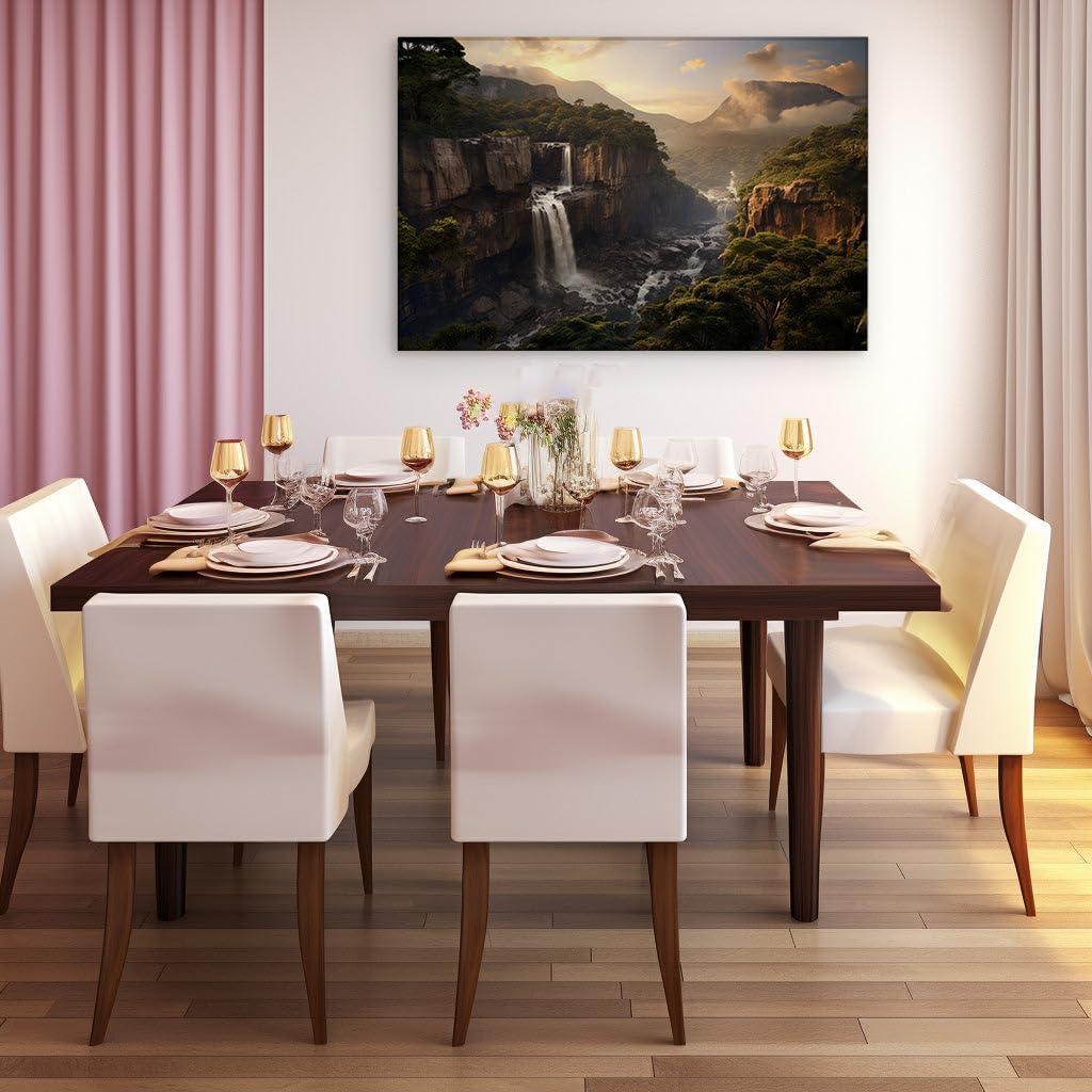 Canvas for Living room. Majestic Waterfall Twilight: Nature's Serenade in Golden Light, 27 x 18 inch Canvas Wall Art - Surrealistic Visions - Modern Home Decor