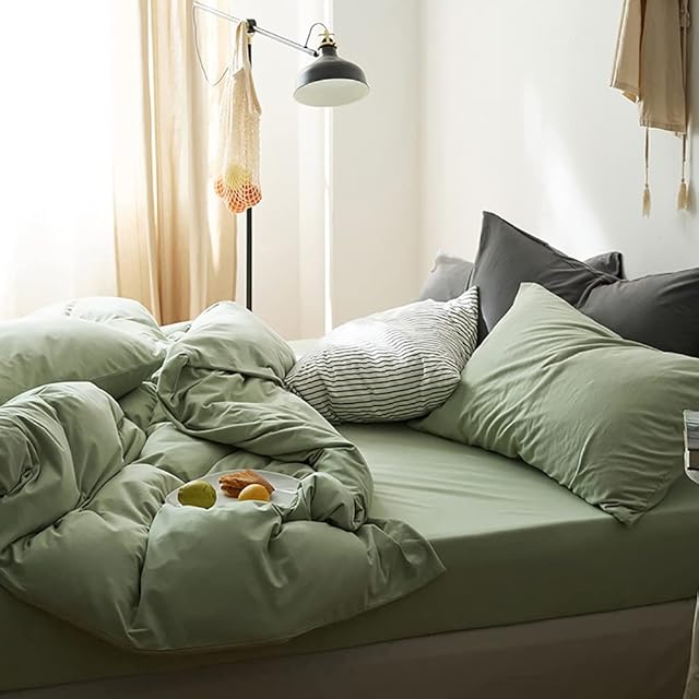 Michorinee Single Duvet Cover Set Light Green Plain Brushed Microfiber Bedding Set Ultra Soft Non Iron Summer Green Solid Color Quilt Cover with Pillowcase Zipper Closure