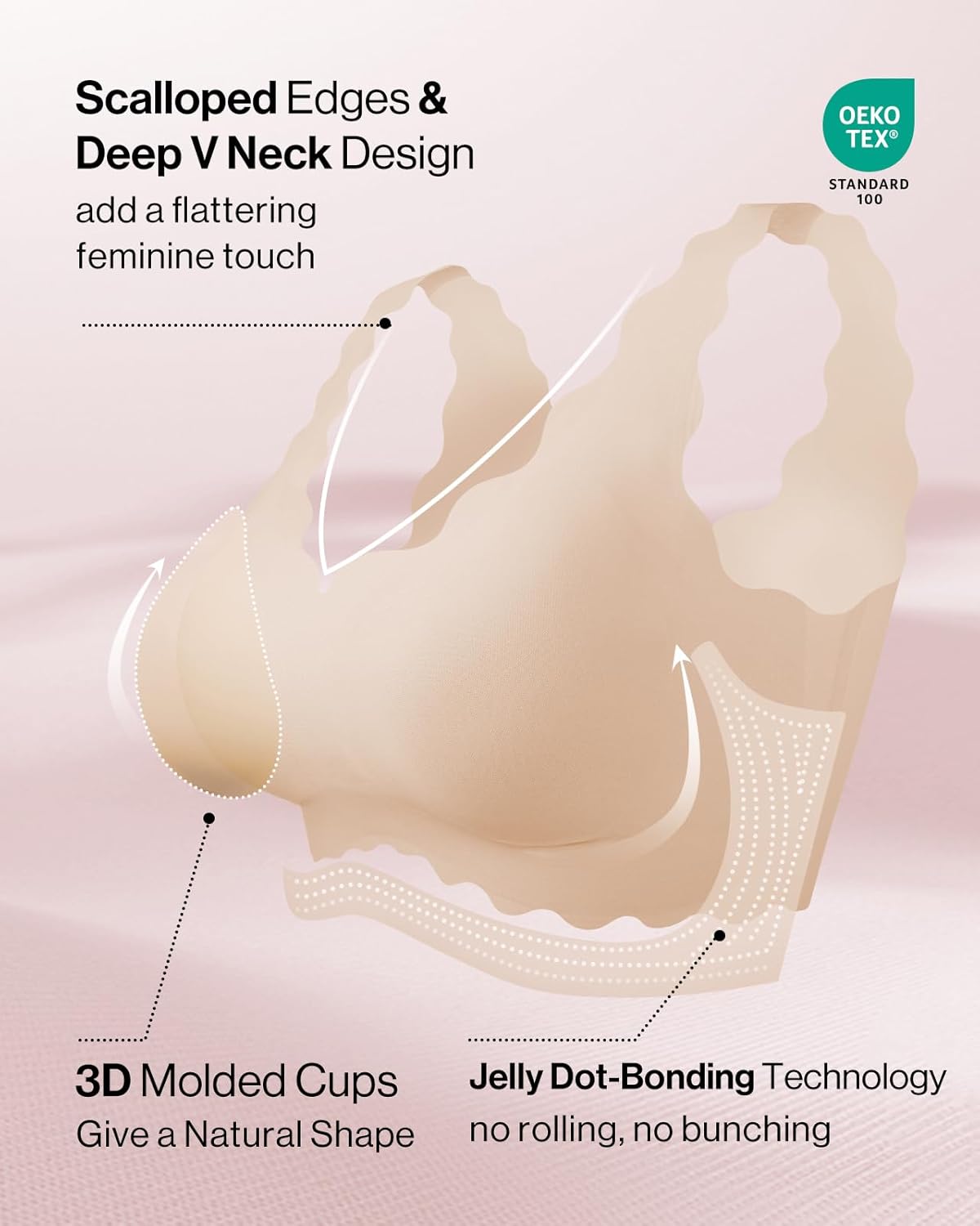 Ubras Deep V Seamless Bras for Women Scalloped Wireless Bralette Comfortable Soft Everyday Sleep Bras Smart Size - Image 4