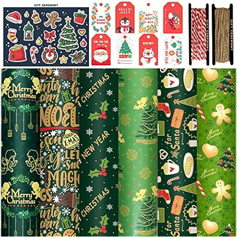 FullJoyHut Christmas Gift Wrapping Paper Set, 6 Sheets Recycled Xmas Wrap Paper 70x50cm, 8 Christmas Paper Gift Tags, 12 Stickers, 2 Roll Jute String Twine Rope for Christmas Gift Wrapping Cover
