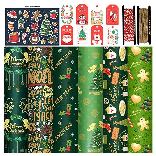 FullJoyHut Papel de Regalo Kraft Navidad con 6 Hojas Reciclable Papel de Regalo Navideño 70x50cm,8 Etiquetas Regalo,12 pegatinas,2 Rollo Hilo Yute Cuerda Algodon para Decoración Navideña