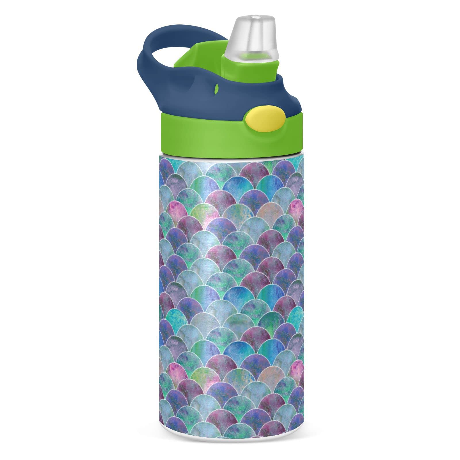 Colorful Mermaid Tail Scales Ocean Wave Blue Green Teal purple Tumbler with Lid & Straw, Boys Girls Stainless Steel Double Wall Cup Water Bottle BPA-Free Vacuum Insulated Thermal Mug 11.8 Oz