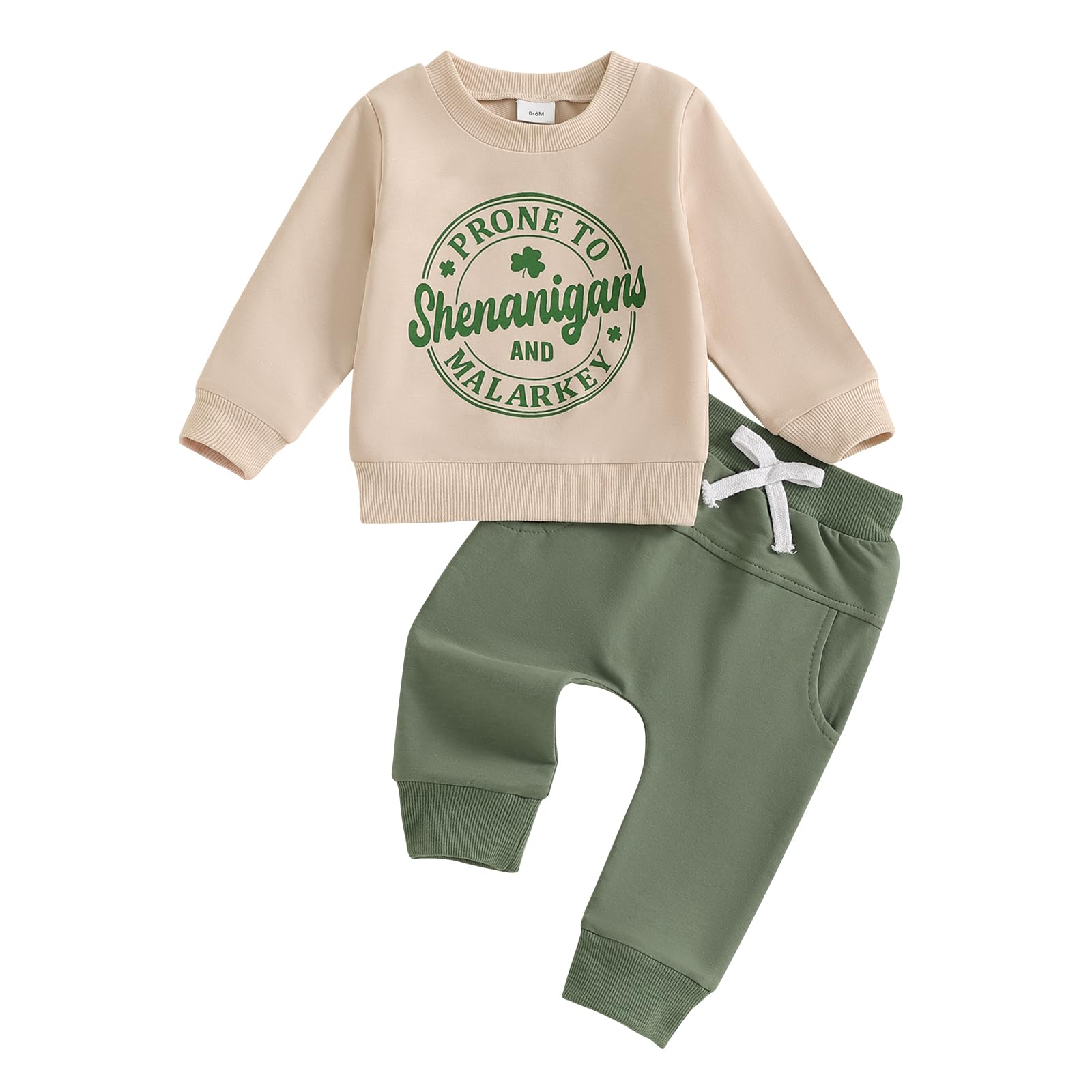 Fuethsuy Toddler Baby Boy St Patricks Day Outfit Letter Clover Print Long Sleeve Sweatshirt Sweatpants Set Spring Clothes (Khaki, 6-12 Months)