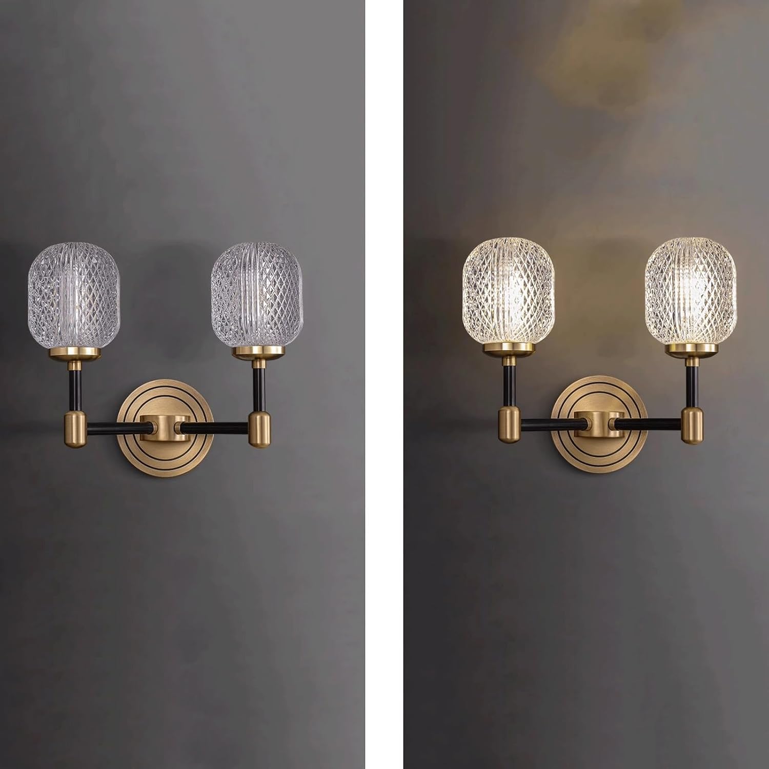 Modern Luxury Wall Sconce Brass Finish & Textured Glass Shade Double Head Wall Lamp for Living Room Bedroom Bedside Hallway Entryway Dining Room Hotel Nordic Accent Decor Lighting Fixture