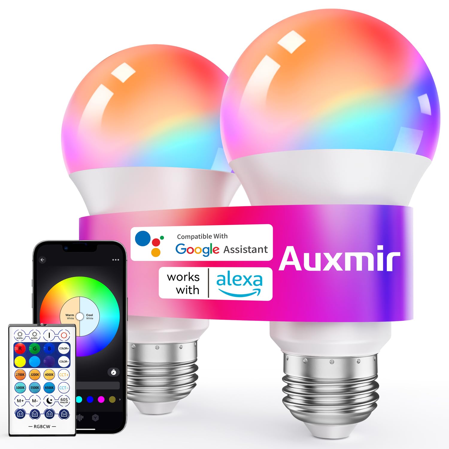 Auxmir Smart Glühbirne E27, WLAN LED Lampe 800LM, RGBWW Dimmbar, 2 Stück