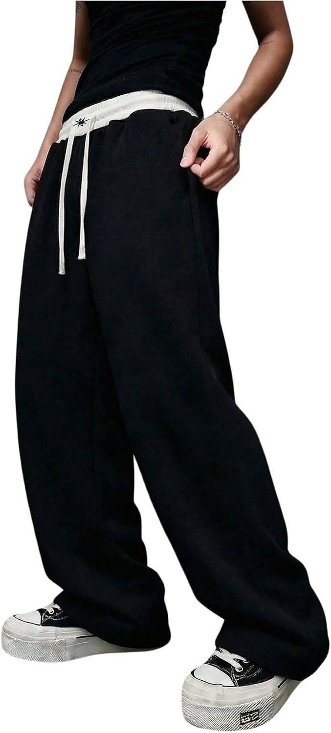 OYOANGLE Men's Graphic Straight Leg Sweatpants Drawstring High Waisted Baggy Jogger Pants with Pockets