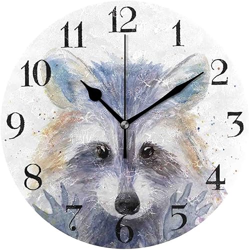 Relojes de pared con pilas, estilo mapache de color acuarela, reloj decorativo de 10 pulgadas para cocina, dormitorio, baño, oficina, sala de estar