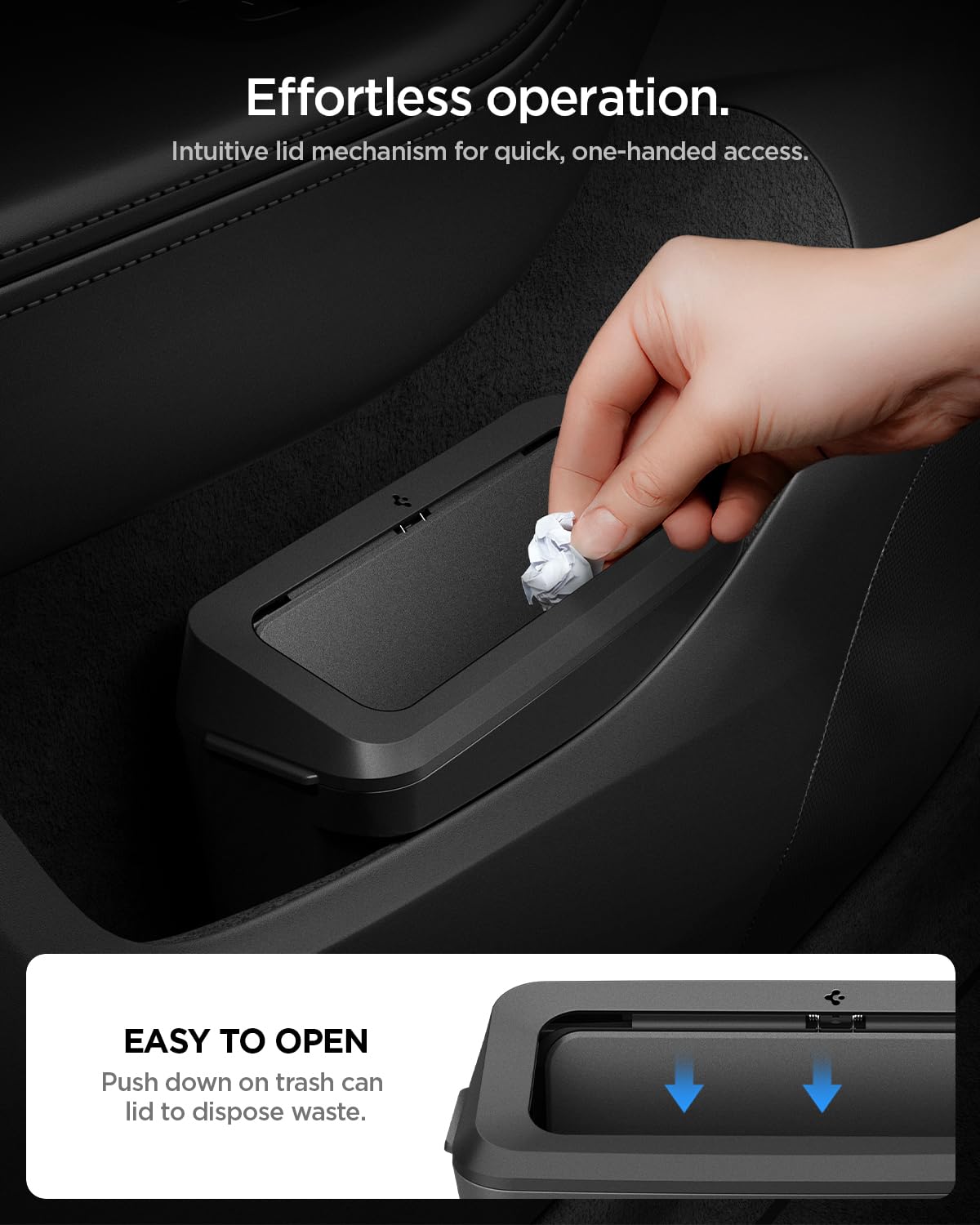 Spigen Tesla Model Y Juniper (2025-2026 Premium & Performance) Portarifiuti per Auto【Inclusi 50 sacchetti] Mini Pattumiera da Portiera Anteriore Lato Guida con Portaoggetti, Design Salvaspazio