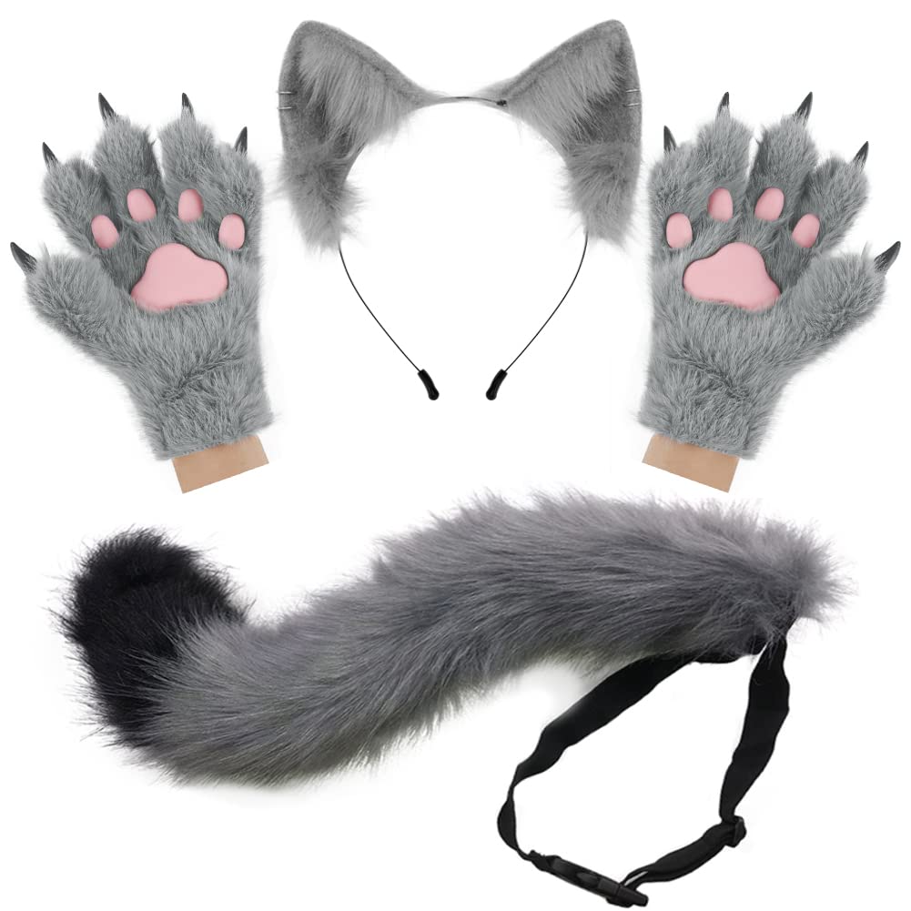 HAOAN Wolf Fox Tail Clip Ears and Gloves Set Halloween Christmas Party Costume for Women, Gray02, Medium