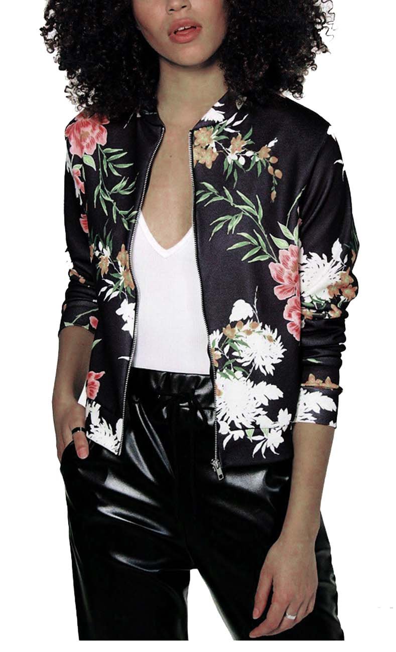 Women's Floral Print Classic Baseball Fall Short Biker Bomber Jacket Coat