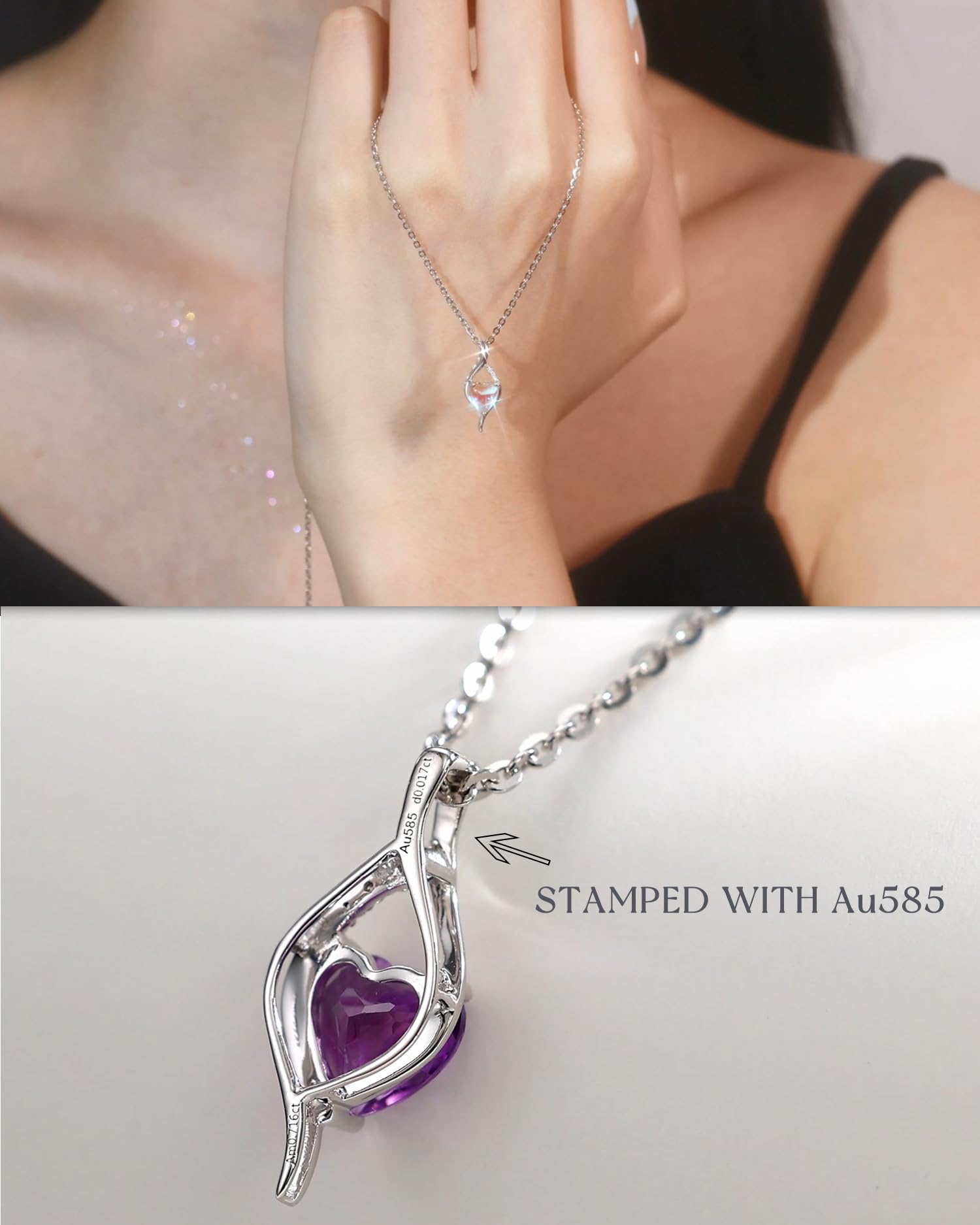 FANCIME 14K Solid White Gold Birthstone Necklace Genuine or Created 6mm Heart Gemstone Pendant with Lab Grow Diamonds Sterling Silver Chain Fine Jewelry Anniversary Birthday Gifts for Women 16" + 2": June-Moonstone