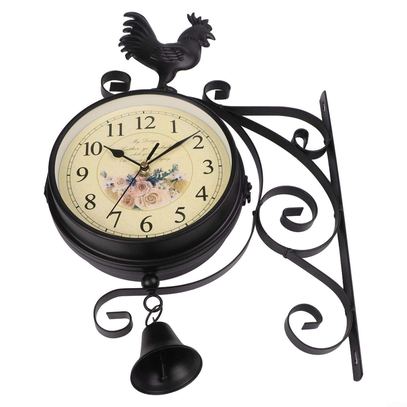 Reloj de pared de doble cara, reloj de estación de hierro negro de 39 cm con movimiento de cuarzo silencioso, números grandes para decoración del hogar y sala de estar