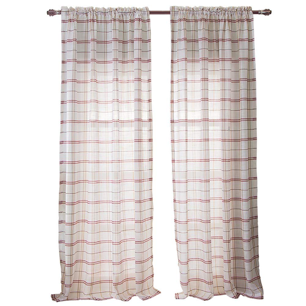 Boyouth Nowoczesny styl mieszanka lnu barwiona przędza w kratę nadruk półcieniujące zasłony (czerwony, 140 x 240 cm) 2 panele