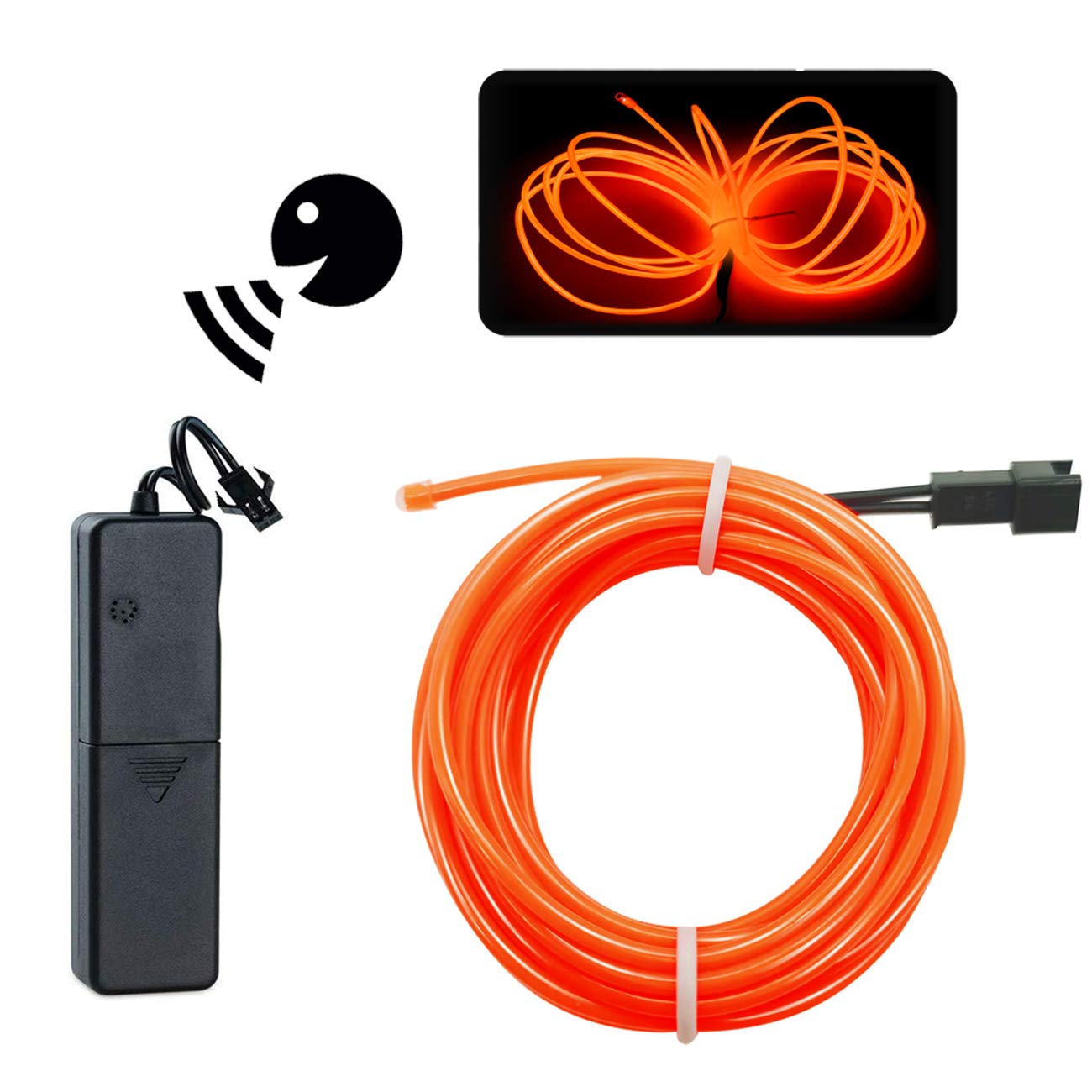 MaxLaxEL Wire Orange, Sound Activated/Constant Light/Slow Flash 9ft Neon Lights Wire Glowing Strobing Electroluminescent Wire with Battery Operated for DIY Decoration