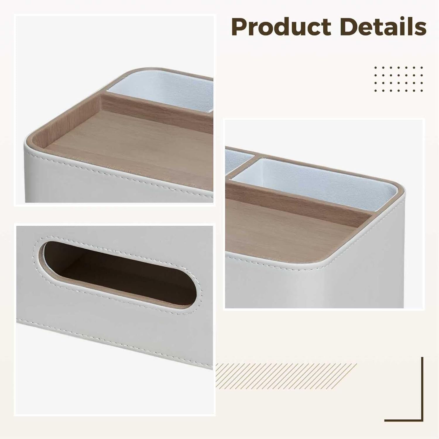 Pu Leather Tissue Box Cover, 8.6 in Wood Grain Desk Organizer, Cream White, 2-in-1 Remote Control Holder with Compartments, Multifunctional for Home, Office
