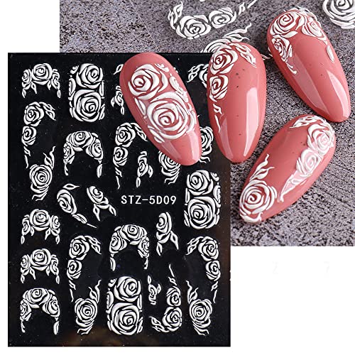 Valentines Nail Art Sticker 5D Self-Adhesive Nail Decals Stereoscopic Embossed Design White Nail Lace Flower Wedding Nail Art Decoration Gel Polish French Manicure Tips 4 Sheets #TOP2