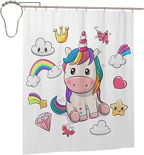 Cartoon Unicorns Girl and Set of Cute Rainbow Butterfly Diamond Star Crown Cloud Meteor Design Elements Shower Curtain for Bathroom Bath Bathtub Curtain with 12 Metal Hooks 60x72 in