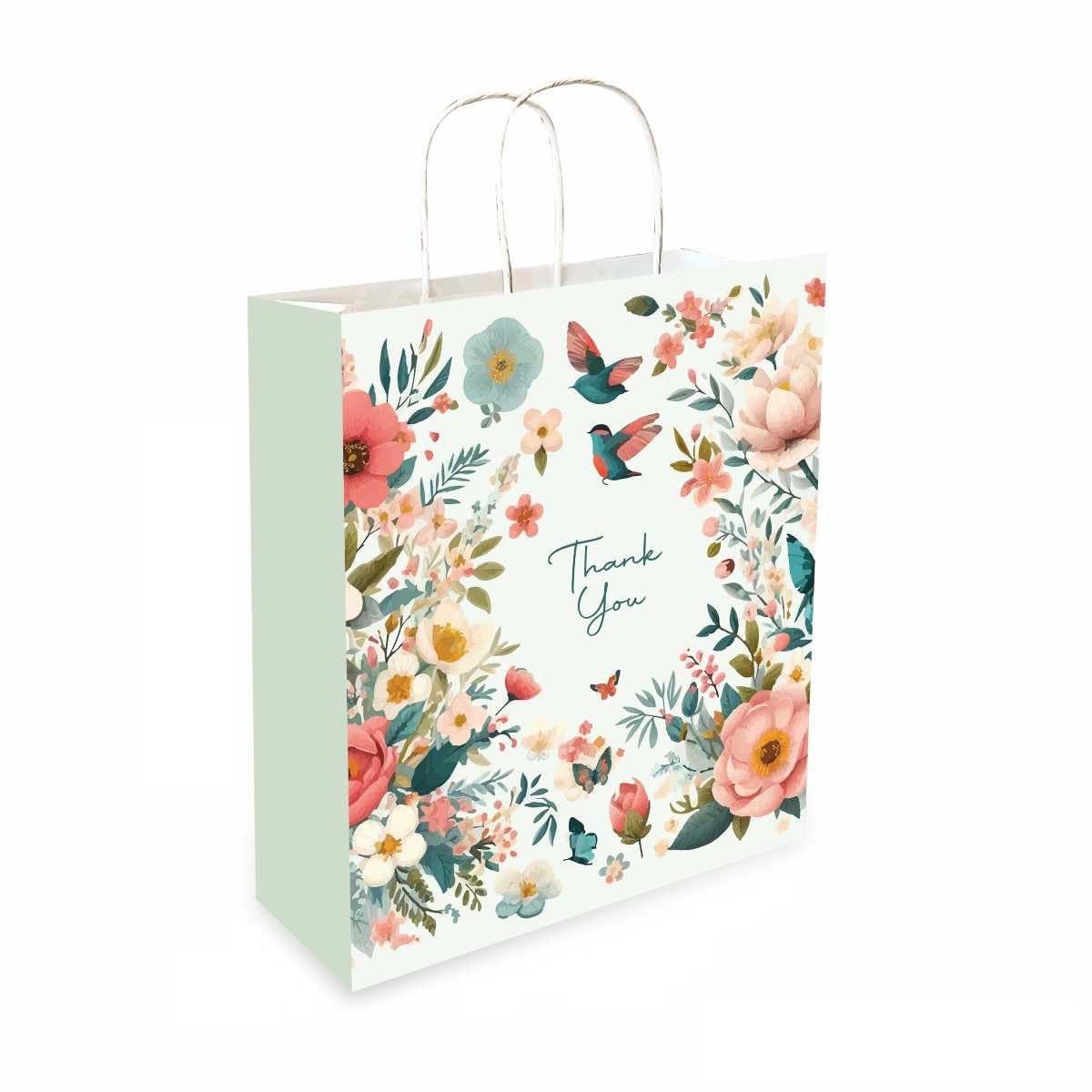 Omnipresent Pack 90 GSM Floral Printed Thank You Paper Gift Bags, Set of 12, Paper Carry Bags For Birthday Gift, Return Gift Bags, Office Party, Corporate Gifting & Get Together (Size:9.4x7.9x 3 inch)