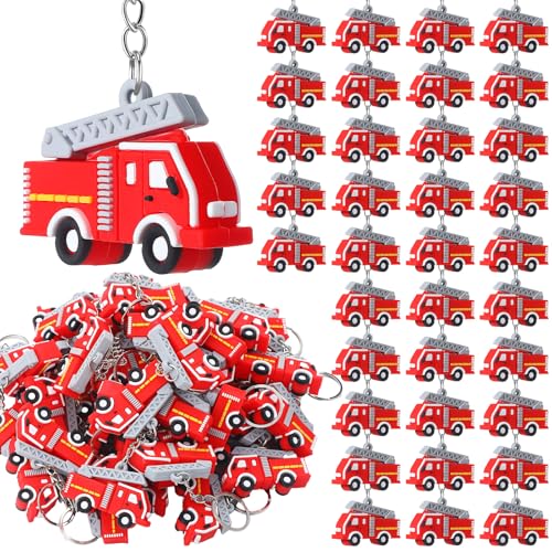 Image of Lineshading 48 Pcs Mini Pullback Fire Truck Keychain Bulk Firefighter Party Favors Small Fire Truck Toys Keychain Gifts Birthday Party Supplies