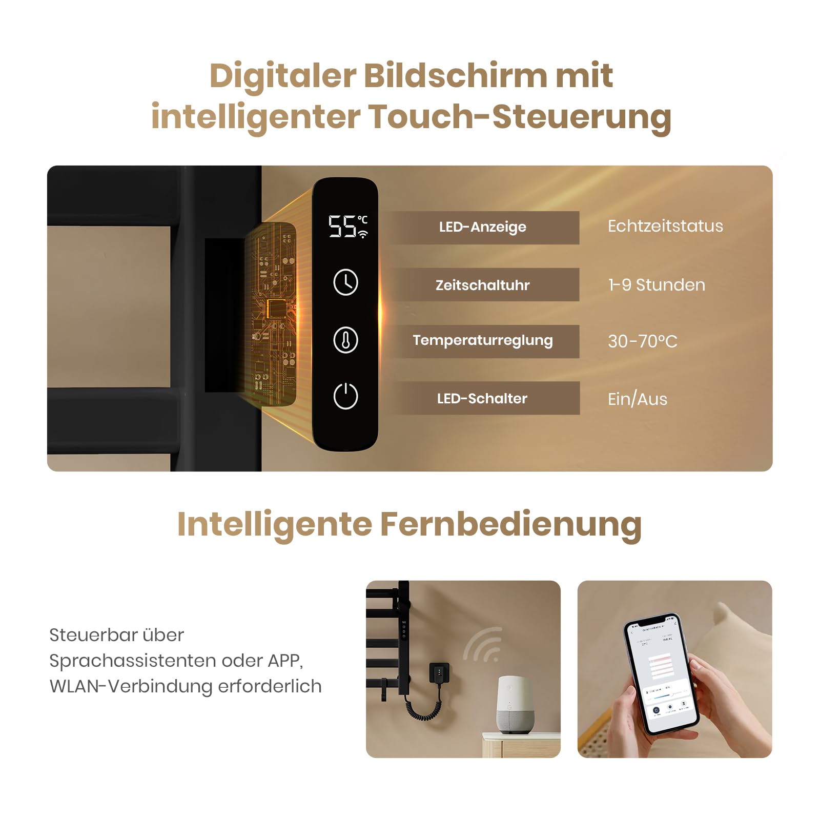 EMKE Elektrischer Badheizkörper 100x50 cm, 280W Handtuchwärmer mit WLAN-App-Steuerung, Kohlefaser Handtuchheizkörper mit klappbarer Ablage & 6 Haken, IPX5 spritzwassergeschützt, Schwarz