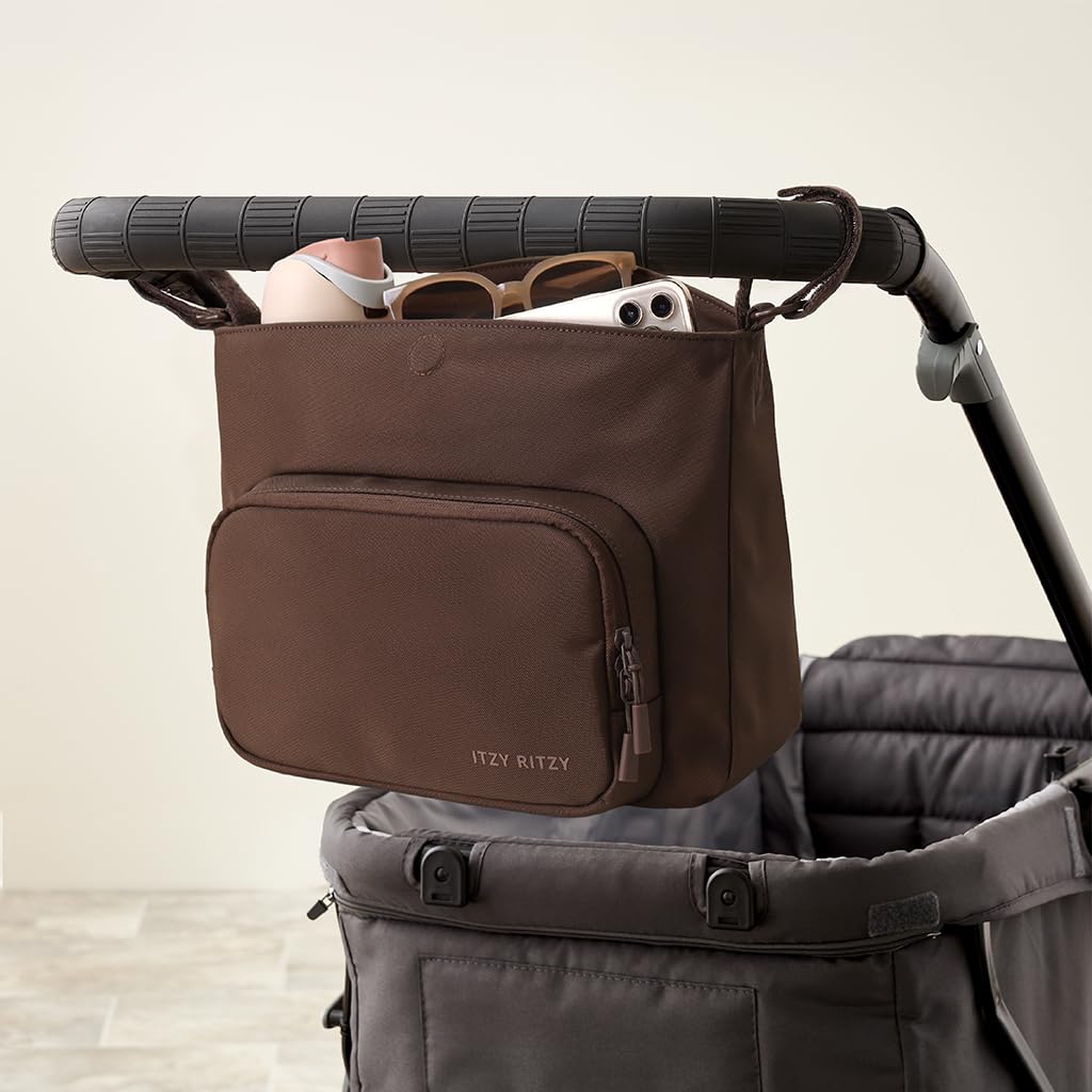 Itzy Ritzy Belong Cargo Caddy for Strollers & Wagons – Convertible Stroller Organizer and Crossbody Bag With Adjustable & Removable Strap, Bottle Holders, Smart Storage Pockets & Secure Straps (Mocha)