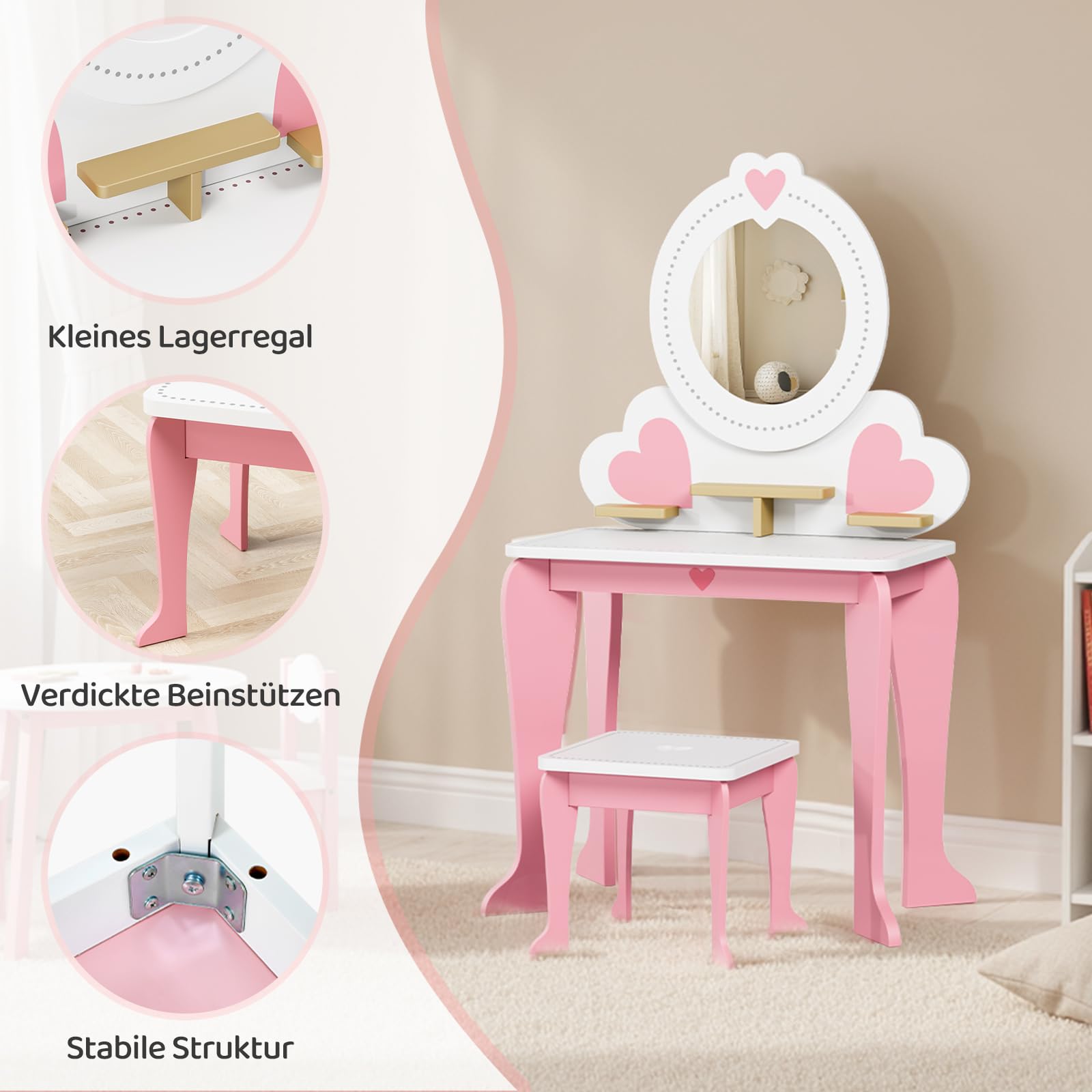 MAMIZO Toeletta per Bambini, Toeletta Trucco con Sgabello e Specchio Rimovibile, Set Tavolo Trucco 2 in 1 a Forma di Cuore, Scrivania per Bambini, 50x33x91cm (Rosa)