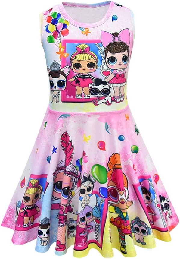 RUIXIAO MagJazzy Little Girls Casual Dress Sleeveless Digital Printing Pageant Party Gown Birthday Dress (5-6Years, Balloon Pink)