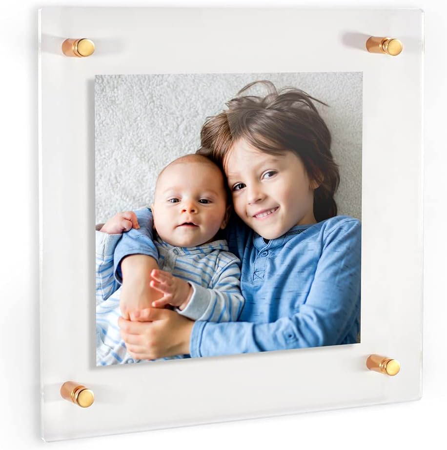 30 x 30 Contemporary Acrylic Floating Frame: Elevate Your Art and Photos in Style - Featuring 19x25mm Brushed Gold Acrylic Standoff for Wall Mounting.