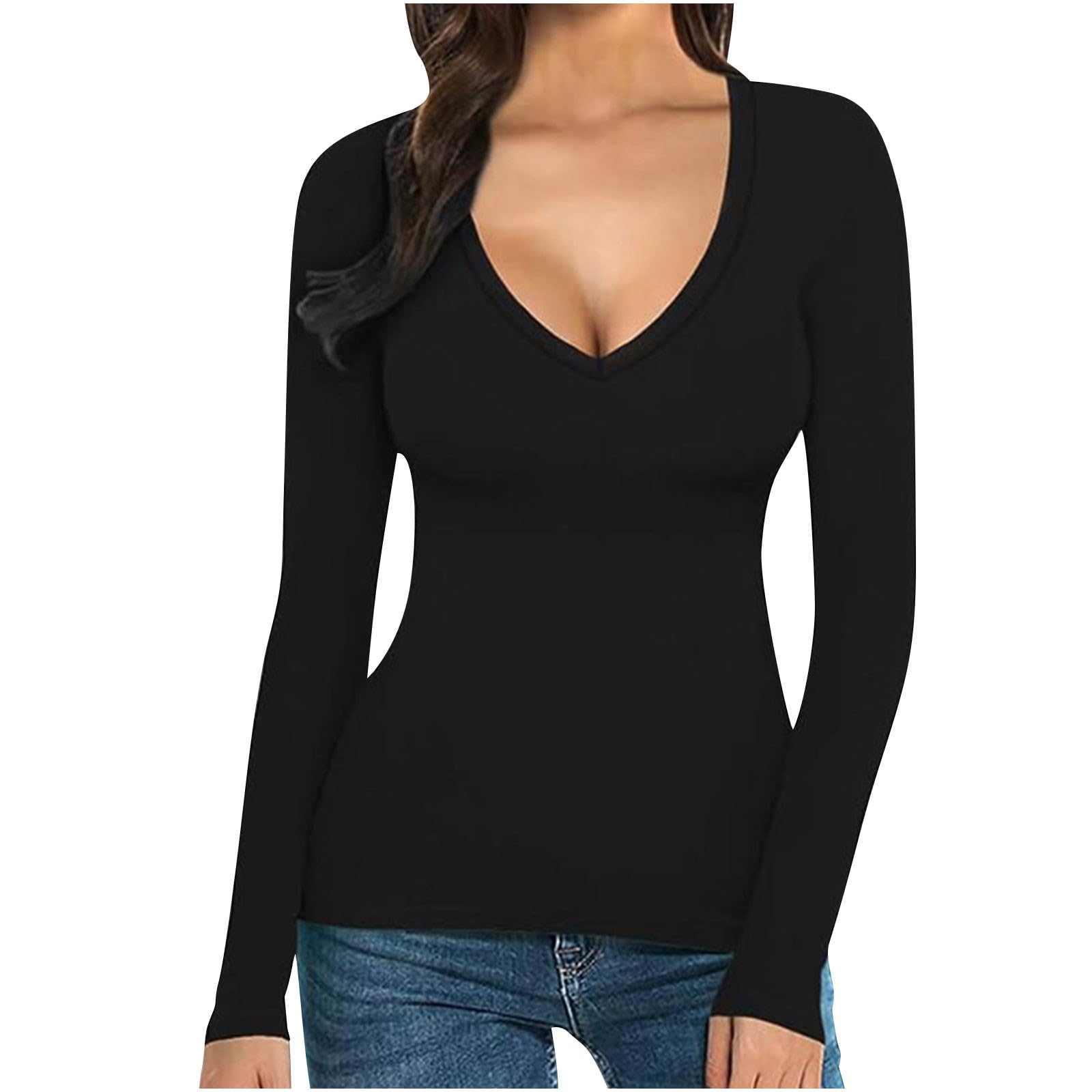 Sexy Tops for Women Casual Deep V Neck Shirts Long Sleeve Spring 2025 Tunic Dressy Slim Fit Soft